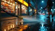 © miss irine - Person uses pressure washer on wet city street at night. Water sprays on sidewalk near illuminated store fronts. Building exterior is cleaned. Reflective puddles form.