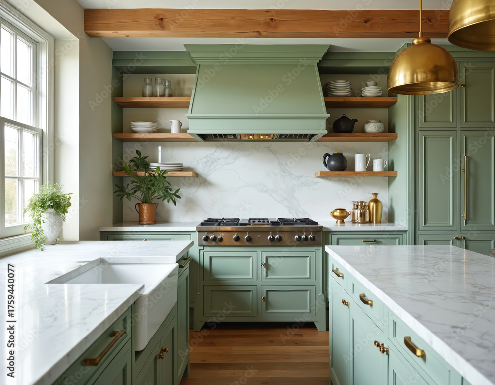 Stylish green kitchen interior with white marble counters, gold accents ...