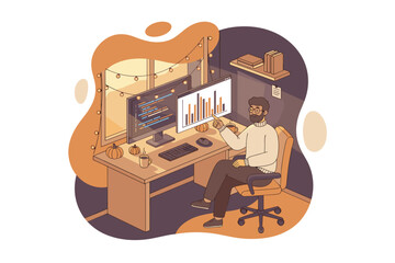 Man working from cozy home office coding and analyzing data with autumn decorations