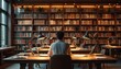 © miss irine - Person works on laptop at desk in library study area. Rows of bookshelves with many books surround the workspace. Desk lamps provide focused light for reading or research.