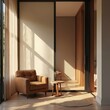 © miss irine - Modern living room features comfy brown armchair next to large window. Sunlight streams onto wood floor, creating warm shadows. Small wood table with dried flowers sits on cozy rug. Sliding glass