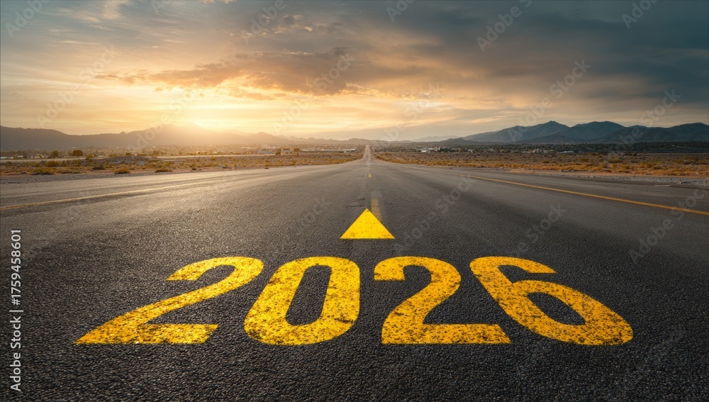 Road to 2026 with an empty road with written 2026 and arrow pointing ...
