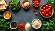 © miss irine - Various fresh food ingredients arranged on dark surface. Cherry tomatoes, eggs, parsley, spices, flatbread ready for cooking. Natural light illuminates culinary setup, perfect for recipe visuals food