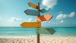 © miss irine - Multiple colorful blank wooden signs on pole at beach pointing different directions. Ocean waves and blue sky background. Copy space for text.