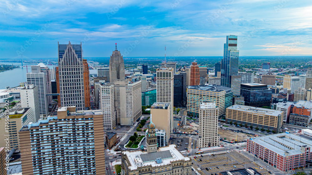 Detroit. View Detroit skyline view from above. Drone aerial image of Detroit downtown ...