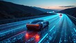 © miss irine - Futuristic self-driving car on glowing digital highway at dusk. Modern autonomous vehicle drives on data road through dark mountains. AI tech powers future smart transport communication network