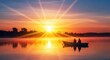 © Zumroatun - Two people in a small boat on a calm lake at sunrise, with bright sun rays shining through the orange sky.