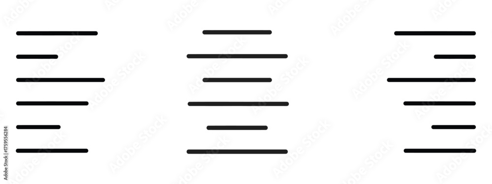 Align left, center, right icon vector. bars arrange, alignment symbol ...