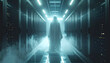 © Pearry - Mysterious Guardian in Server Room: A shrouded figure, radiating an ethereal glow, stands at the end of a high-tech server room, bathed in an otherworldly atmosphere.