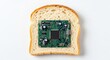 © hena - A slice of white bread with a green circuit board embedded in the center, symbolizing technology and food.