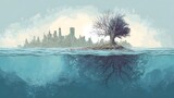 A city skyline submerged in rising water next to a tree with visible roots symbolizing environmental change