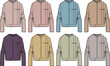 © MD - Fashion design technical flat sketch set of a stylish zip-up outerwear jacket presented in a variety of different colorways for apparel concepts
