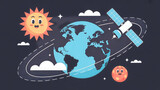 Cartoon satellite orbiting earth with happy sun and moon satellite