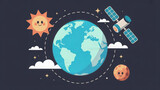 Animated satellite orbits earth with smiling sun and moon satellite