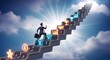 © Heri - Businessman climbing stairs to success with career icons, representing growth, achievement and goals
