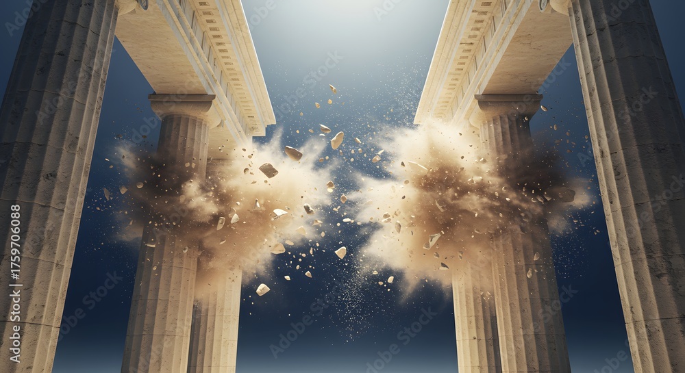 Column Breaking Two classical columns are breaking apart, with debris and dust ...