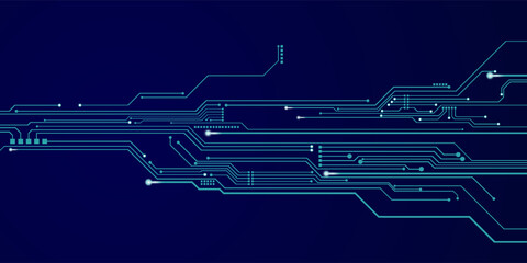 Abstract digital circuit board on an electric blue technological background. Circuit board with connected lines and dots on an abstract digital motherboard.