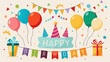 © skcpdesign - Happy birthday celebration with balloons gifts and party hats