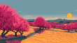 © Have a Good Day - Peaceful pink blossoming trees on golden fields under warm evening sun, tranquil spring countryside vector landscape background for presentation or poster design.