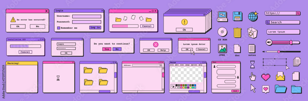 Retro vaporwave mobile and desktop interface UI set. 90s style dialog ...