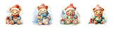 Four cute teddy bears in winter clothing and hats holding gifts with snowy backgrounds isolate