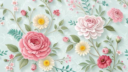  Floral arrangement featuring pink roses and white daisies on a light blue background art design  custom 3d photo wallpaper panaflex design for wall hd background
