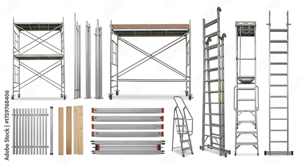 Comprehensive collection of aluminum scaffolding elements, components ...