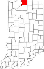  Detailed vector map of Indiana highlighting St. Joseph County, a key North Indiana territory centered on South Bend, renowned for its education and connection to the Michigan border.