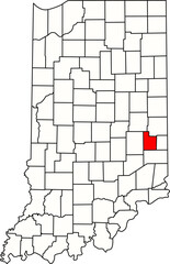  Detailed vector map of Indiana highlighting Fayette County, an East Central Indiana territory centered on Connersville, known for its historical manufacturing base and rural setting.