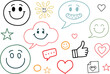 © Creative_Rasma - Collection of hand drawn smiley faces speech bubbles hearts and thumbs up icons on white background