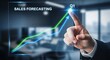 © Shayful Islam GFX - A hand points to a hologram displaying sales forecasting data for q1, with an upward trending graph, symbolizing business growth, financial planning, and market analysis