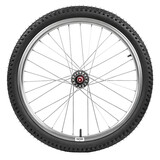 A detailed front view of a bicycle wheel with a rugged tread tire and metal spokes, isolated against a clean white background for design