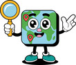 © Levi	 - Cute globe character with map pins holds magnifying glass to explore travel locations