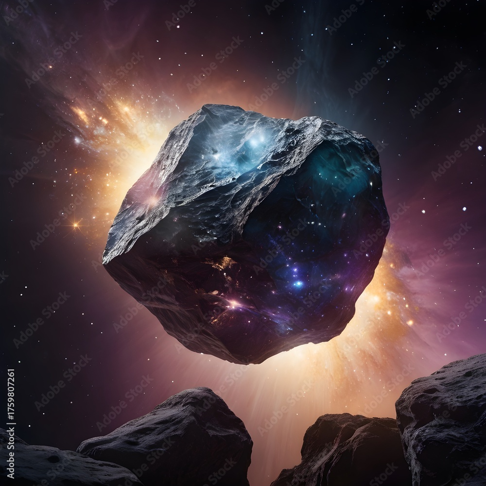 Asteroid in Deep Space with Nebula, Stars and Cosmic Light Flares This ...