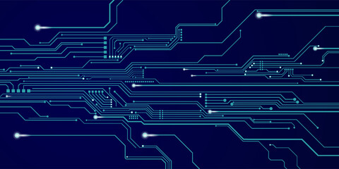 Abstract digital circuit board on an electric blue technological background. Circuit board with connected lines and dots on an abstract digital motherboard.