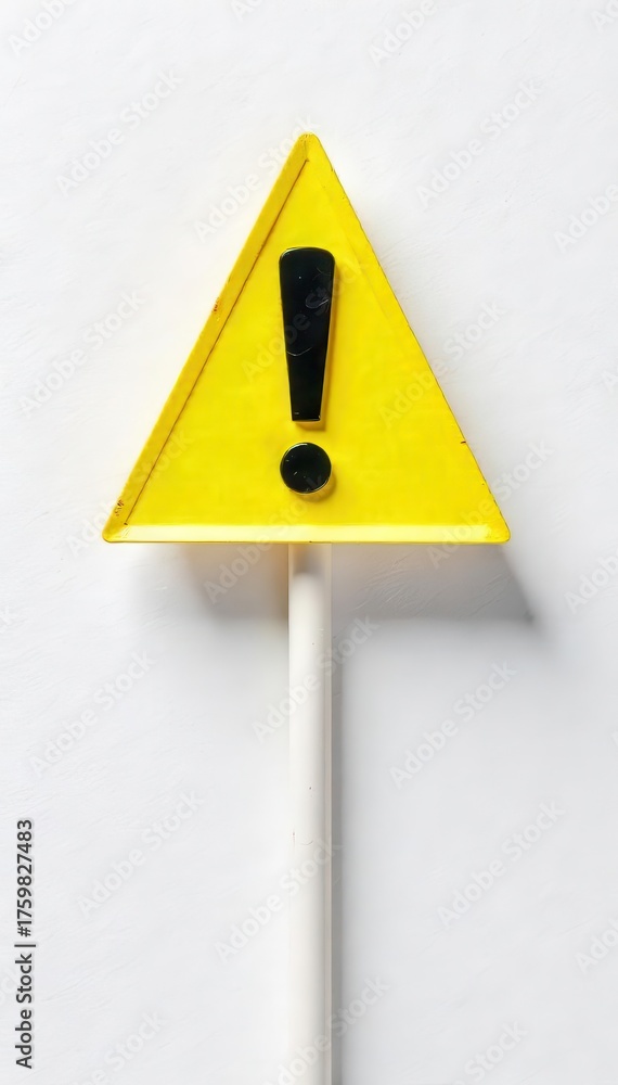 Bright yellow triangle with bold black exclamation mark on textured ...