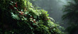 © Audrey - Dark green plants growing in a lush foliage background of tropical leaves like anthurium, epiphytes, or ferns, forming a beautiful green plant wall design in a cloud forest.