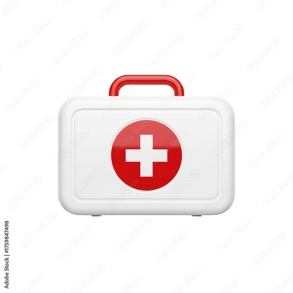 3D rendering of a pristine white first aid kit with a bold red cross on ...
