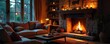 © chaiwat - Cozy living room scene featuring a crackling fireplace, soft blankets, and warm lighting, perfect for a relaxing evening at home , serene, ambiance