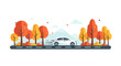 © Aries - A dynamic flat design illustration of a car traveling on an autumn road surrounded by colorful trees, symbolizing the journey home for Thanksgiving.