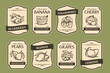 © Rudzhan - Vintage Fruit Label Set. Sketch style emblems with organic farm products, banana, strawberry, and mango. Vintage packaging designs. Hand drawn vector illustration collection isolated on background