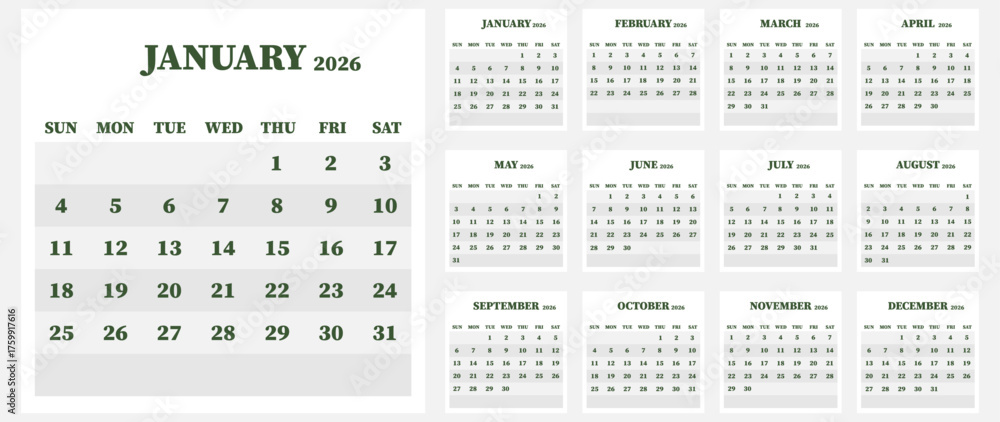 Vector illustration. Calendar for 2026. Week starts on Sunday. Calendar ...