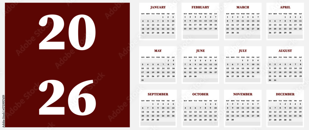 Vector illustration. Calendar for 2026. Week starts on Sunday. Calendar ...