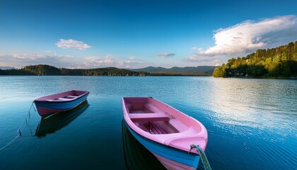 Naklejka na meble two small boats pink and blue gently bob on the water a cheerful summer scene
