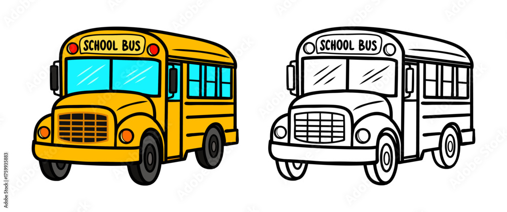 Colorful school bus with black and white outline version. Cartoon ...