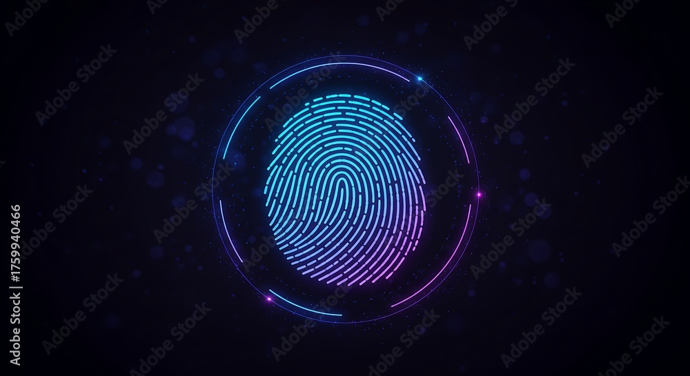 Digital fingerprint scan with glowing neon biometric identification ...