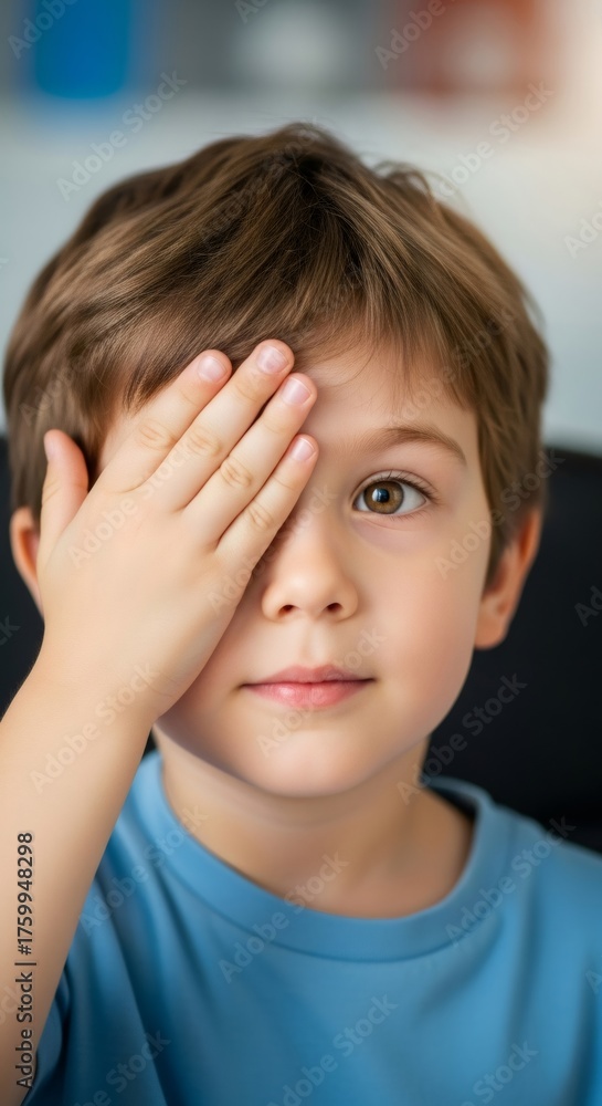 Preschool caucasian boy covering one eye with his hand during an eye ...