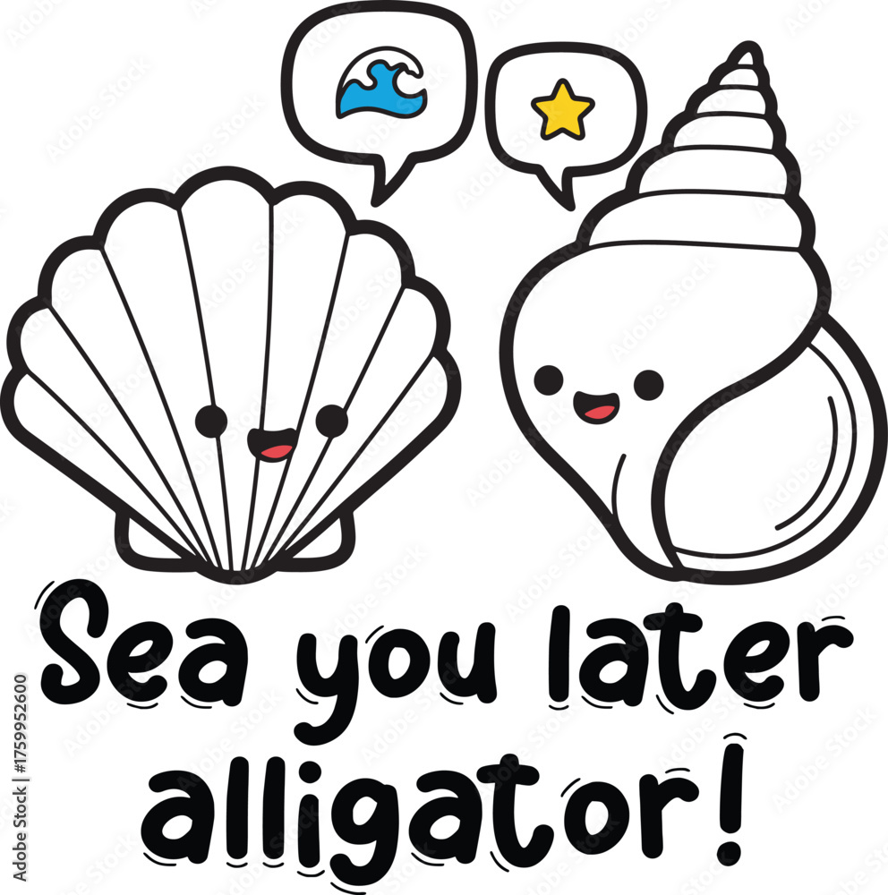 Playful Sea-Themed Cartoon with Shell and Conch Characters Saying 'Sea ...