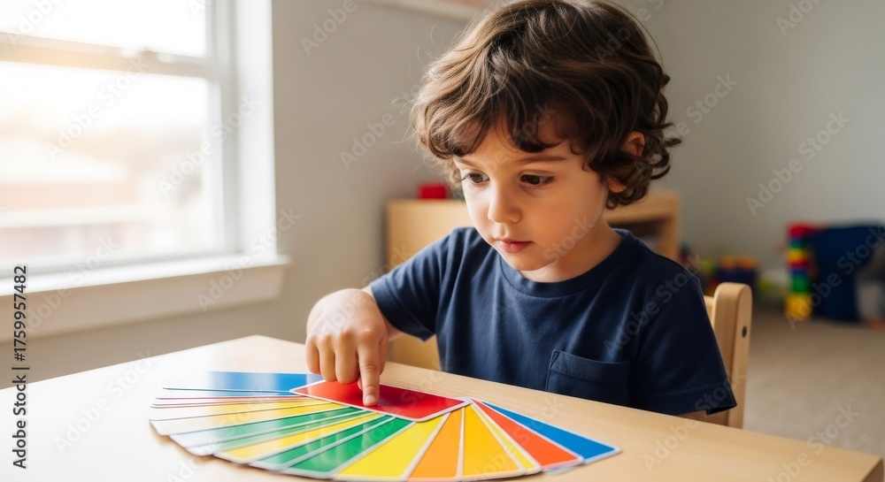 Little boy points to a red card from a fan of children's color swatches ...