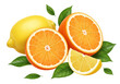 © Farina - Fresh citrus fruits including lemon and oranges with leaves isolated on transparent background